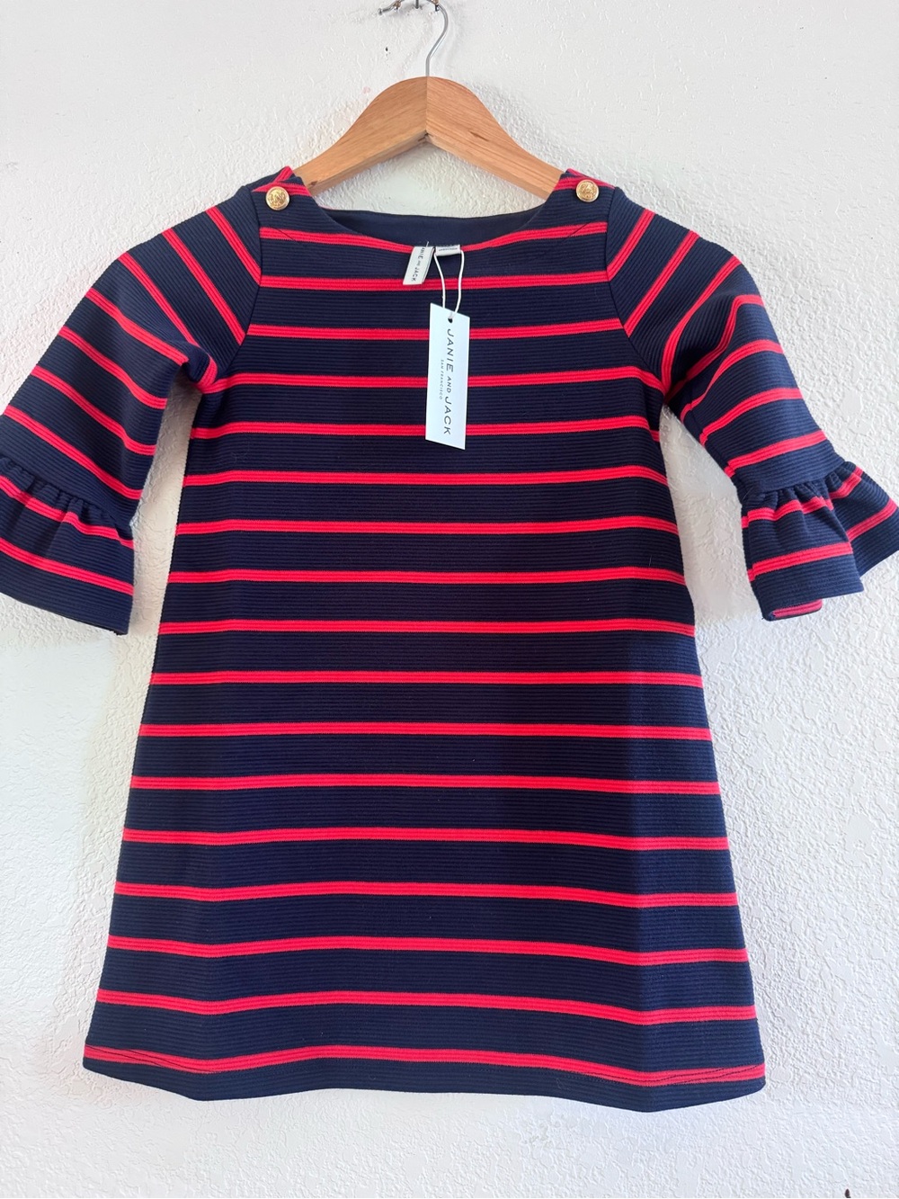 NWT Janie and Jack Navy and Red Striped Ruffle Sleeve Kids Dress